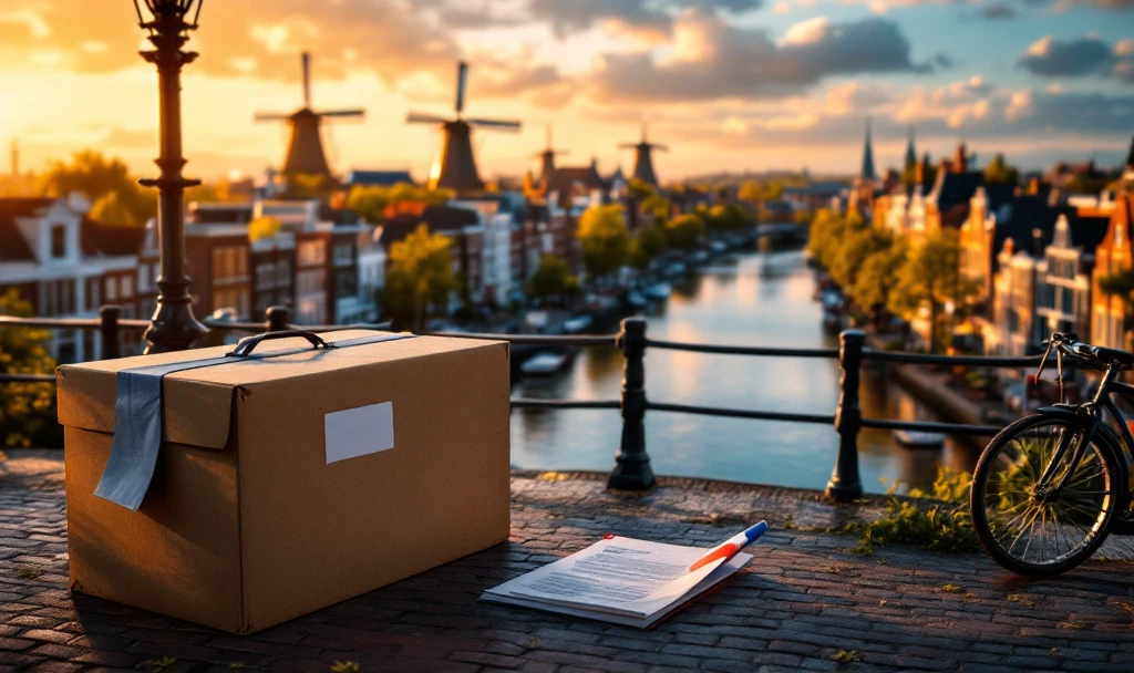 Canale din Amsterdam la apus cu cutie de mutare și servietă, simbolizând relocarea în Olanda. Document cu steag olandez, mori de vânt și biciclete vizibile.