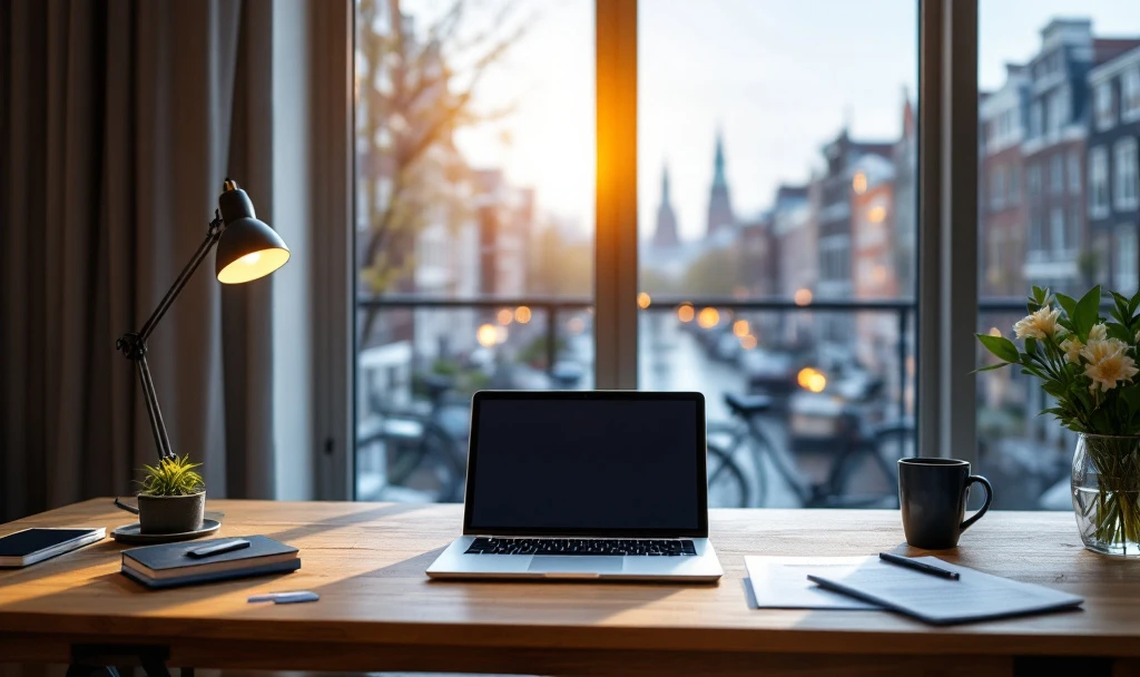 Birou modern în Amsterdam cu vedere panoramică la canale, laptop deschis lângă contract de muncă olandez, simbolizând oportunități profesionale în Olanda.