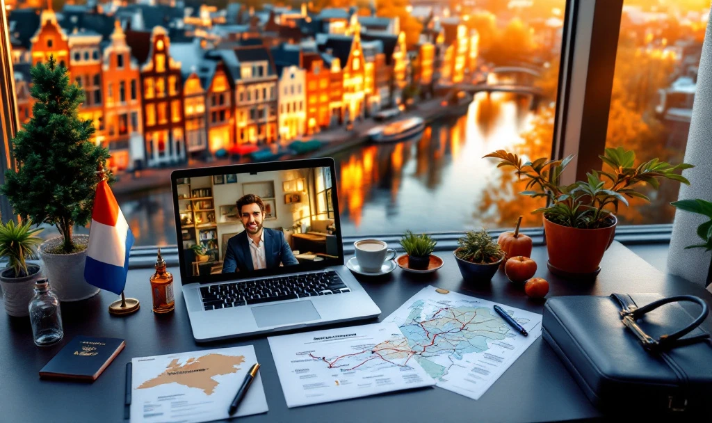 Documente pentru aplicare la job în Olanda, aranjate lângă un laptop cu interviu video, cu casele de canal din Amsterdam reflectate în apă la apus.