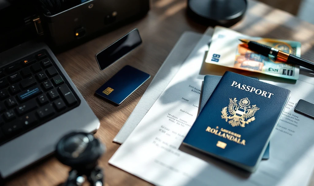 Pașaport românesc deschis pe un birou elegant, alături de formular de înregistrare, card BSN și Euro, cu panoramă estompată a unui peisaj urban olandez în fundal.