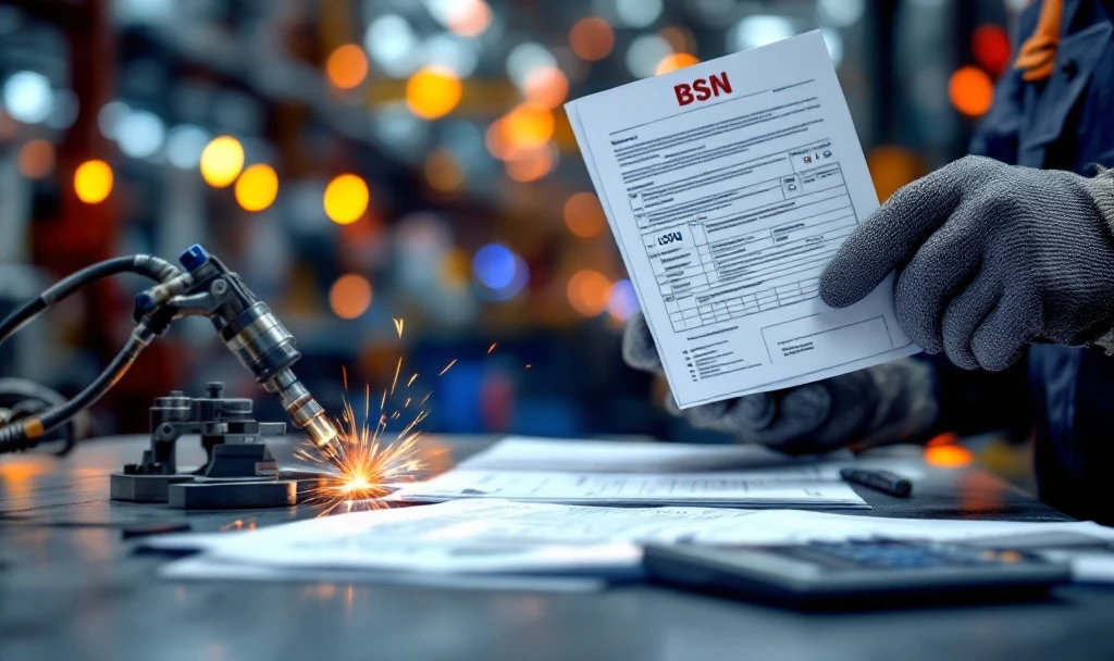 Mâini cu mănuși de sudor ținând documente fiscale olandeze și card BSN, alături de echipament de sudură într-un mediu industrial.