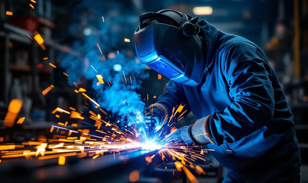 Sudor profesionist executând tehnică MIG MAG pe structură metalică, cu scântei albastre într-un atelier industrial olandez modern, echipament performant vizibil.