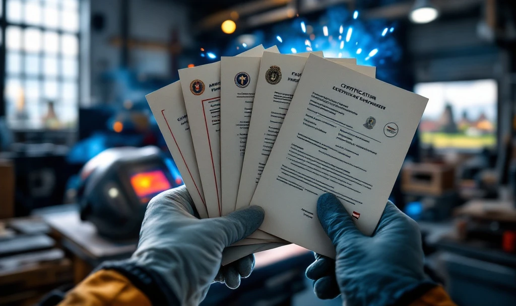 Mână de sudor MIG MAG cu mănuși ținând documente de certificare și permise de muncă olandeze, pe fundal cu scântei de sudură și peisaj olandez vizibil prin fereastră.