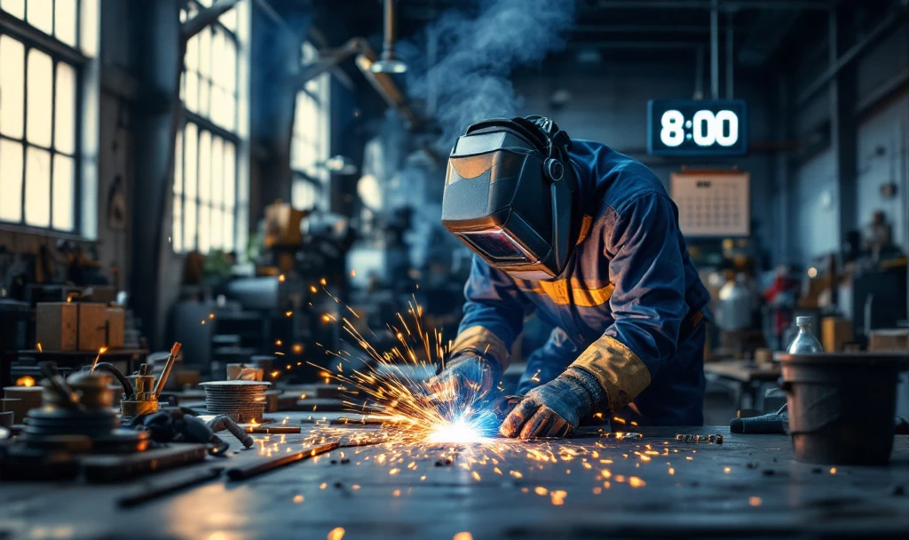 Sudor MIG MAG în echipament complet de protecție, lucrând într-un atelier industrial olandez, cu scântei strălucitoare în prim-plan.
