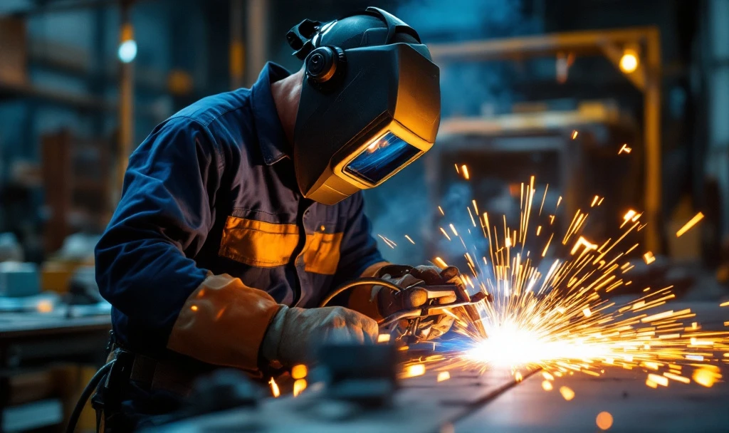 Sudor MIG MAG în acțiune, purtând echipament de protecție, lucrând la o construcție metalică. Scântei zboară din punctul de sudură în mediul industrial olandez.