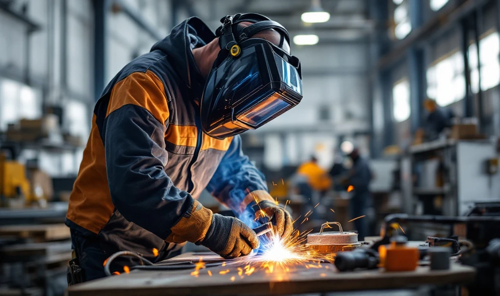 Sudor MIG MAG cu echipament complet conform normelor olandeze, purtând mască electronică, mănuși, jachetă și pantaloni ignifugi, în hală industrială modernă.