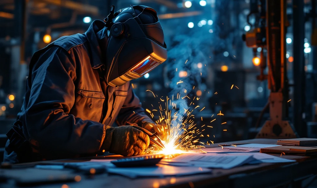 Sudor MIG MAG în echipament de protecție lucrând pe structură metalică, alături de documente fiscale olandeze și calculator, peisaj industrial cu mori de vânt în fundal.