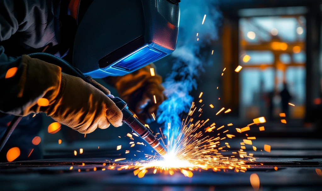 Sudor MIG MAG în acțiune la un proiect industrial din Olanda, cu scântei dramatice și echipament de protecție, pe fundal infrastructură industrială olandeză în lumina arcului de sudură.