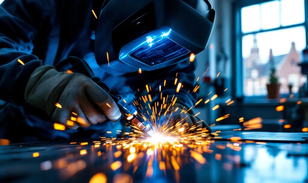 Sudor MIG MAG în echipament de protecție într-o facilitate industrială olandeză modernă, cu scântei de sudură strălucitoare și arhitectură industrială tipic olandeză vizibilă prin fereastră.