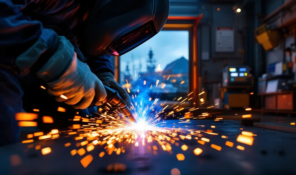 Sudor MIG MAG cu mănuși, manipulând torța de sudură cu scântei albastre-portocalii într-un atelier industrial olandez, cu șantier naval vizibil în fundal.