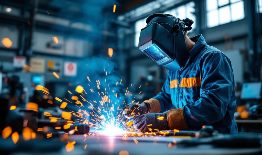 Sudor MIG MAG cu echipament de protecție în atelier industrial olandez, înconjurat de scântei albastru-portocalii și semnalizări de siguranță.