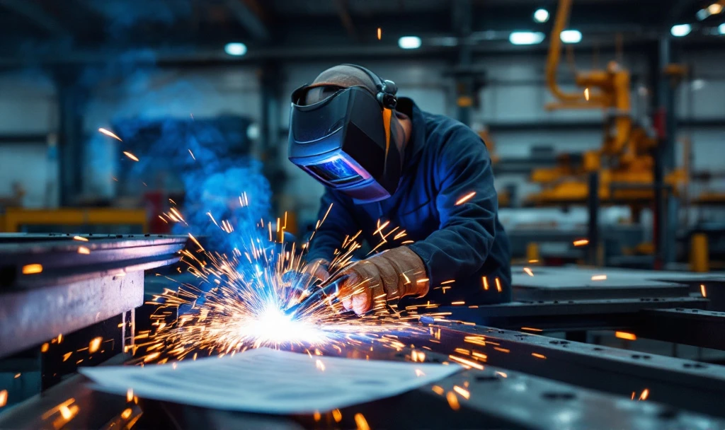 Sudor profesionist MIG MAG în echipament de protecție la șantierul naval olandez, cu scântei dramatice și certificare ISO vizibilă în fundal.