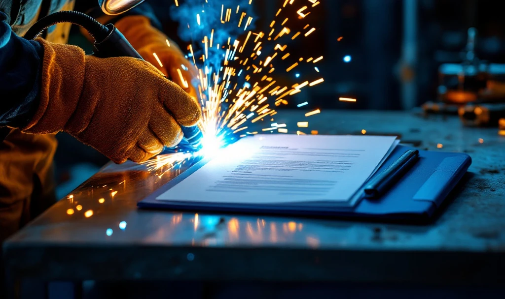 Mâini cu mănuși de sudor MIG MAG profesionist, scântei albastre-albe dramatice, alături de documente de contract într-un dosar albastru pe un banc de lucru industrial.