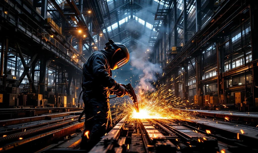 Sudor MIG MAG lucrând pe o structură metalică într-un atelier industrial olandez, cu scântei strălucitoare și echipamente navale în fundal.