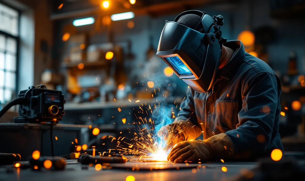 Sudor profesionist MIG MAG în acțiune, echipat complet, într-un atelier industrial modern, cu scântei strălucitoare și arc electric albastru-intens emanând din procesul de sudură.