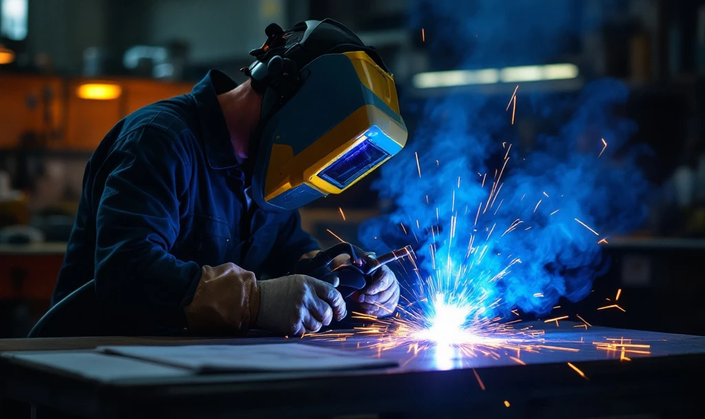 Sudor profesionist cu echipament de protecție folosind un aparat MIG MAG cu scântei albastre-portocalii într-un atelier naval olandez cu certificare ISO 9606-1.
