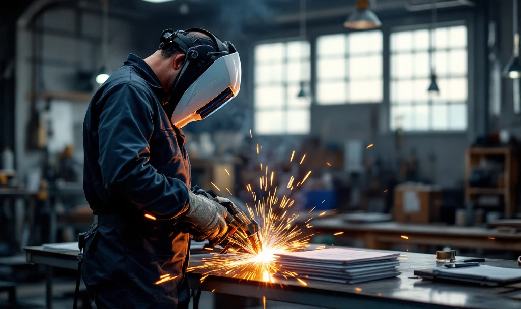 Sudor profesionist în atelier industrial, lucrând cu aparat MIG MAG, cu documente, certificări ISO și desene tehnice în față, steaguri european și olandez în fundal.