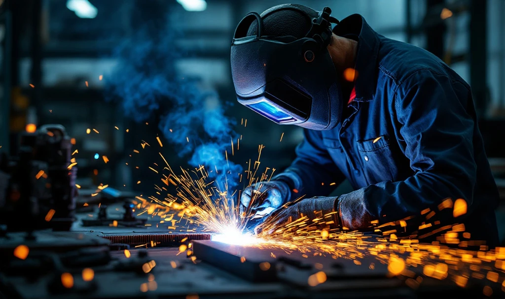 Sudor profesionist în timpul operațiunii MIG MAG într-un atelier industrial olandez, cu scântei strălucitoare și echipamente avansate în fundal.