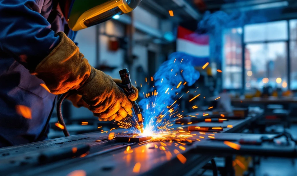 Sudor MIG MAG cu mănuși lucrând pe metal în atelier olandez, scântei albastre-portocalii, steagul și arhitectura olandeză vizibile.