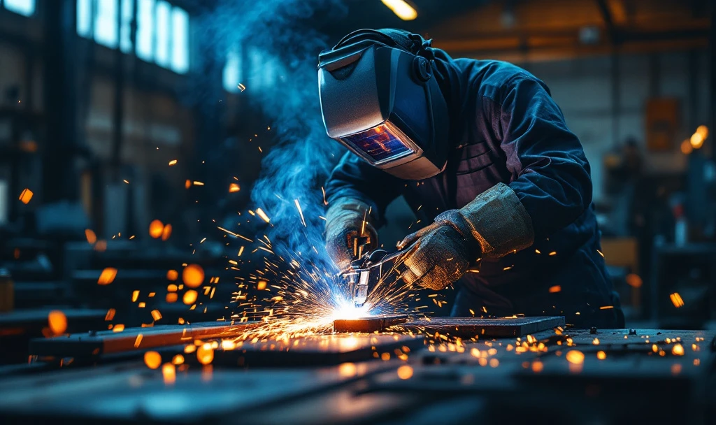 Sudor MIG MAG în echipament de protecție lucrând la un proiect metalic complex într-o fabrică olandeză modernă, cu scântei strălucitoare și colegi diverși în fundal.