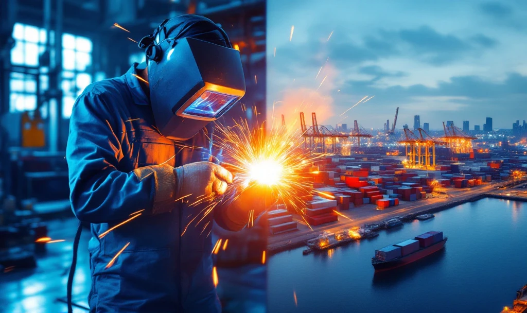 Sudor profesionist MIG MAG cu scântei strălucitoare în atelier industrial, alături de panorama portului Rotterdam cu facilități maritime și linia orizontului modernă, în tonuri albastru-aurii.