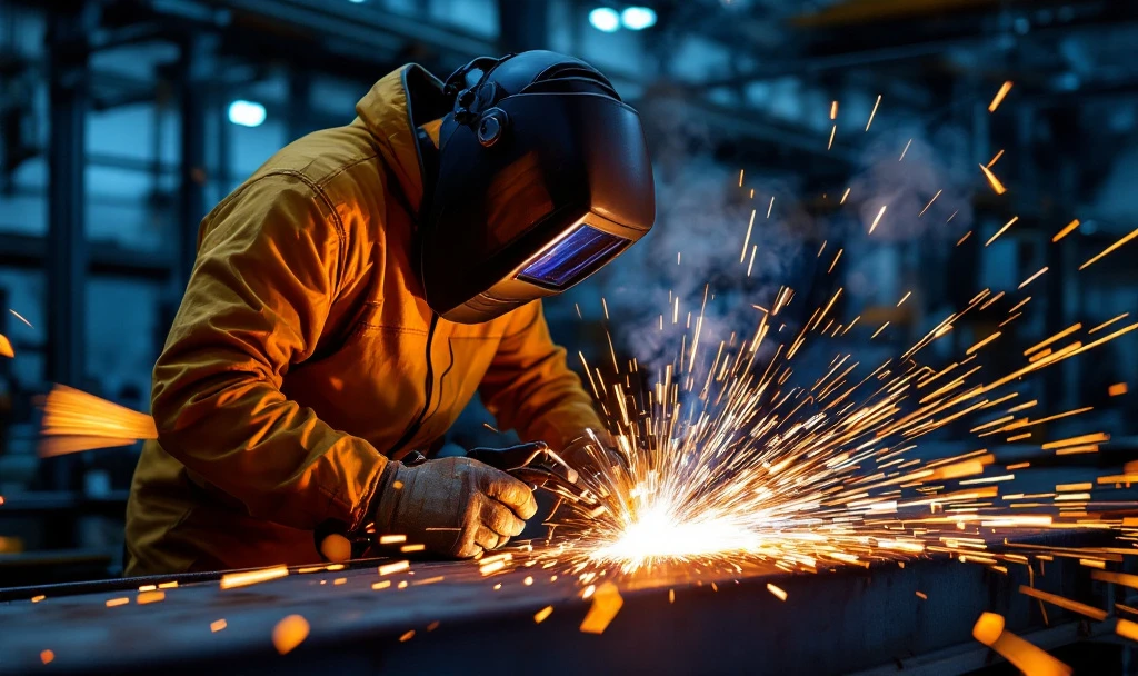 Sudor profesionist realizând sudură MIG MAG perfectă pe structură de oțel inoxidabil, cu arc electric strălucitor și scântei albastre-aurii, în context industrial olandez.