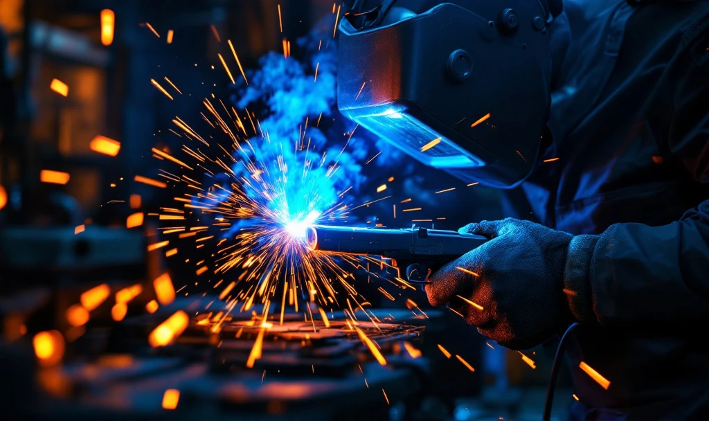 Sudor executând sudură MIG MAG incorectă, cu scântei strălucitoare, într-un atelier industrial cu steagul olandez vizibil.