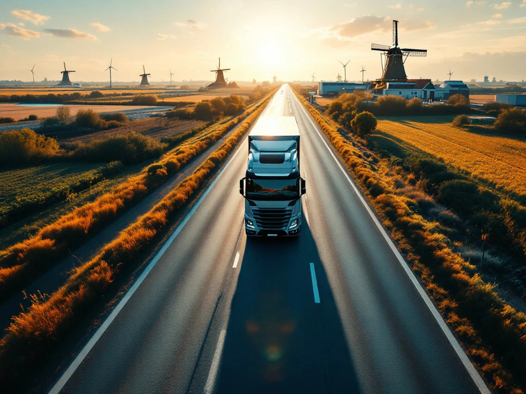 Camion pe autostradă olandeză cu permis românesc și card medical olandez, mori de vânt și facilități medicale în depărtare la lumina apusului.