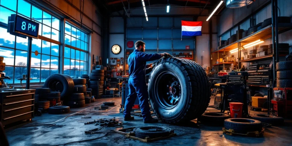 Mecanic în salopetă albastră repară anvelopă de camion într-un atelier olandez modern, seara la ora 20:00