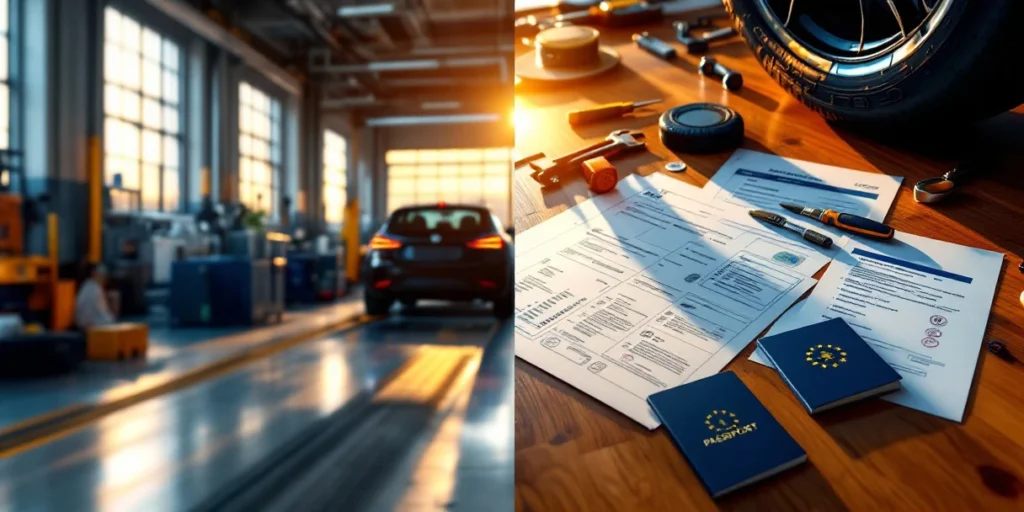 Atelier auto modern cu echipamente pentru schimbat anvelope și documente oficiale EU pe birou, lumină caldă de apus