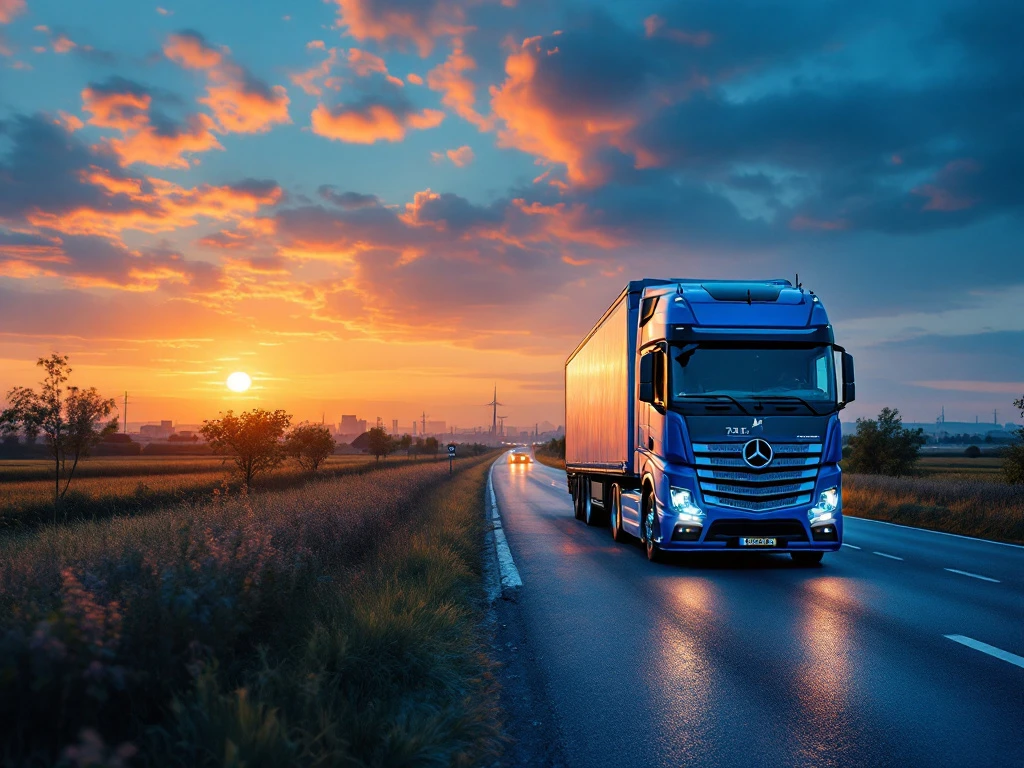 Cabină modernă de camion pe autostradă olandeză la apus, cu calendar digital pe bord, peisaj cu lalele și mori de vânt, silueta portului Rotterdam în depărtare.
