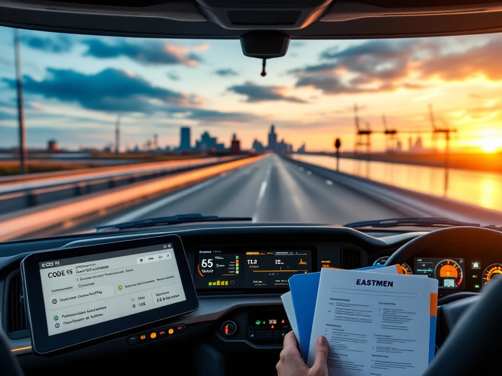 Interior modern de cabină de camion cu dispozitiv electronic afișând certificarea Code 95, autostradă olandeză spre Rotterdam, dosar Eastmen pe scaunul pasagerului.