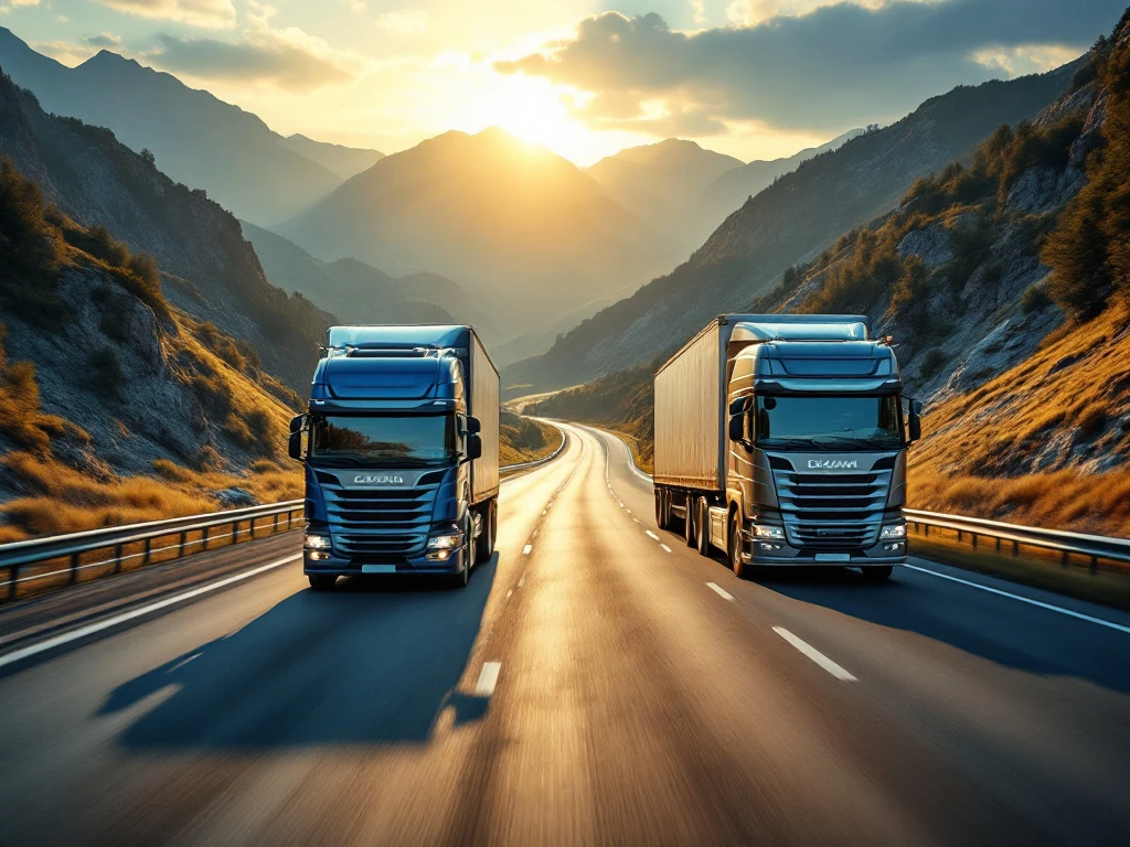 Comparație între un camion rigid (permis C) și un camion articulat (permis CE) pe o autostradă europeană montană, în lumina aurie a serii.