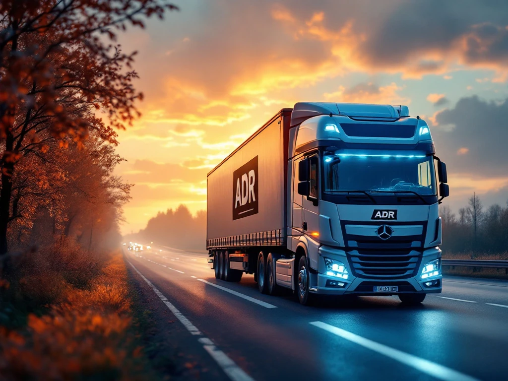 Camion modern cu marcaje ADR transportând mărfuri periculoase pe autostradă olandeză, cu mori de vânt și câmpuri de lalele în fundal, la apus de soare.