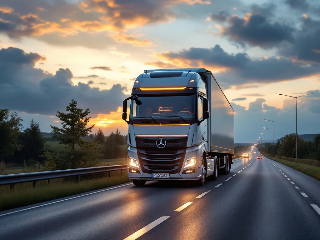 Camion modern albastru pe o autostradă olandeză la apus, cu mori de vânt, câmpuri verzi și silozuri industriale sub un cer auriu-portocaliu.