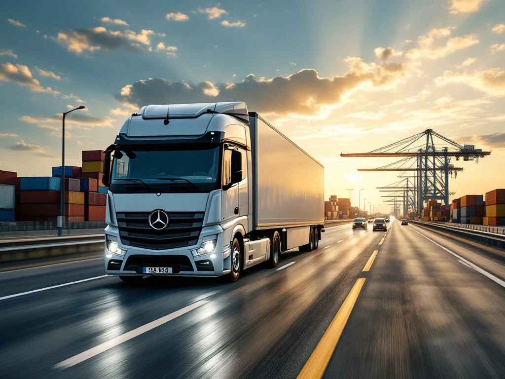 Camion albastru modern pe autostrada olandeză la apus, cu portul Rotterdam și mori de vânt în fundal sub un cer auriu-portocaliu.
