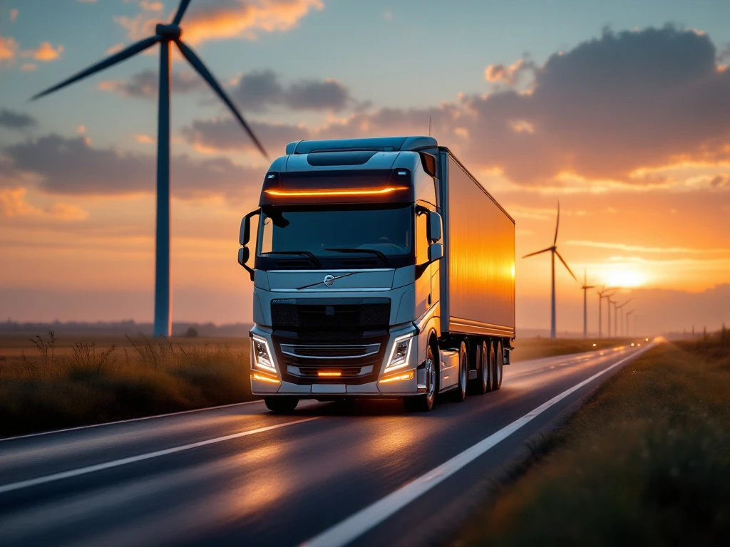 Camion albastru modern pe o autostradă din Olanda, cu turbine eoliene, câmpuri de lalele și canale în fundal, iluminat de apusul auriu.