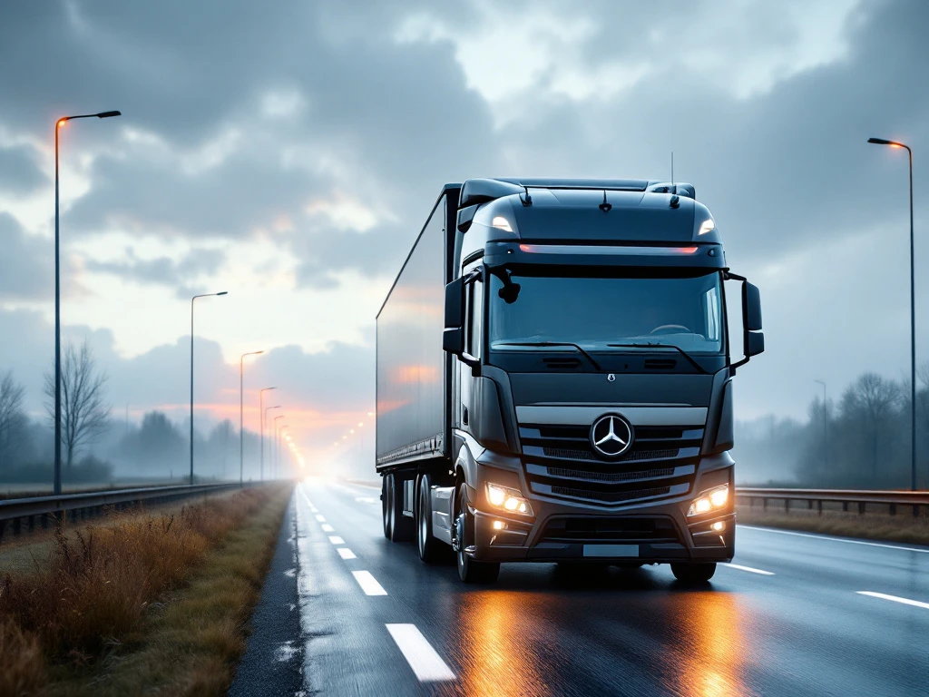 Camion articulat modern pe o autostradă din Olanda, cu cabina strălucitoare în prim-plan, peisaj verde cu mori de vânt în fundal și indicatoare rutiere distinctive olandeze.