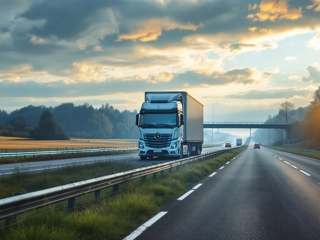 Camion autonom pe autostrada olandeză la apus, cu mori de vânt tradiționale, pod suspendat și infrastructură portuară în fundal, în nuanțe albastru-portocalii.