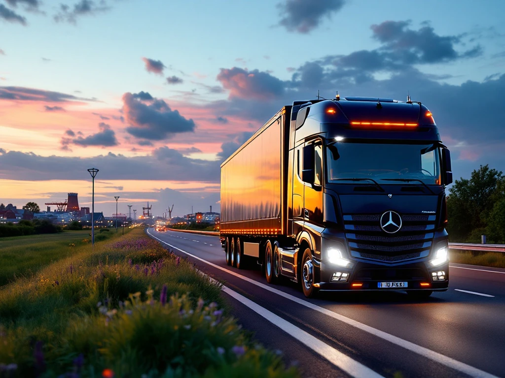 Camion modern de mare tonaj pe autostrada din Olanda, cu peisaj tradițional de mori de vânt și câmpuri de lalele, în lumina apusului, având silueta Rotterdam-ului în zare.