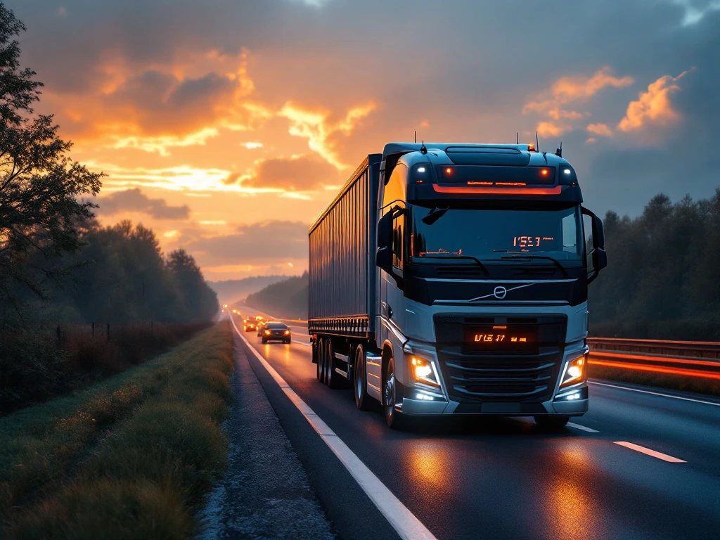 Camion modern pe autostradă olandeză la apus, cu tahograf digital vizibil în cabină, mori de vânt și câmpuri de lalele în peisajul din fundal.