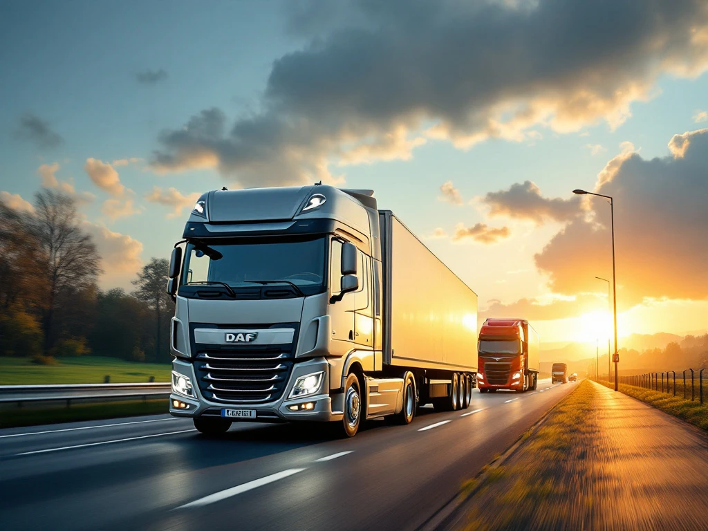 Camion DAF argintiu-albastru rulând pe autostradă olandeză, alături de un Volvo roșu și un Scania verde, cu peisaj olandez, mori de vânt și poduri în fundal.