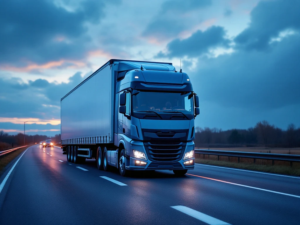 Camion cu cabină albastră pe autostradă olandeză, lângă câmpuri de lalele. Documente de transport organizate în prim-plan, cu mori de vânt tradiționale în fundal.