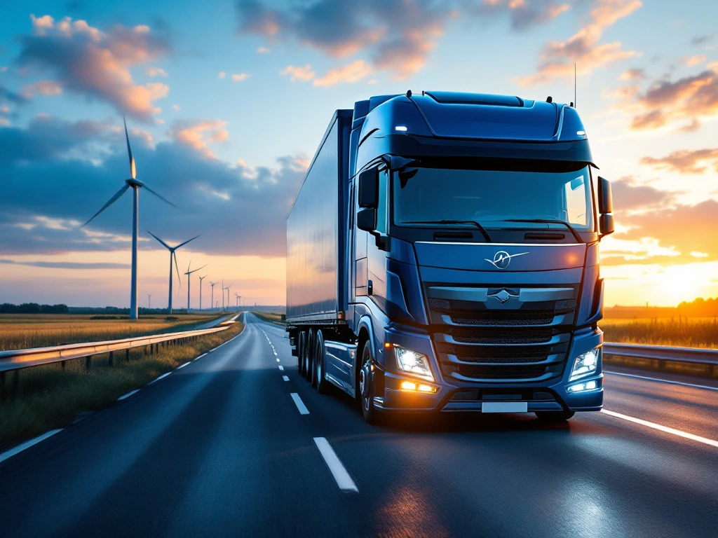 Camion modern pe autostradă olandeză la apus, fotografiat din unghi lateral-frontal, cu peisaj tipic olandez și turbine eoliene în fundal.