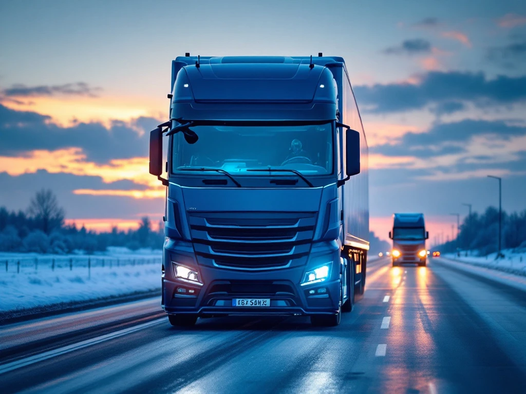 Camion modern parcat în zonă de odihnă olandeză cu tahograf digital iluminat. În fundal, peisaj plat cu mori de vânt și autostradă la apus.