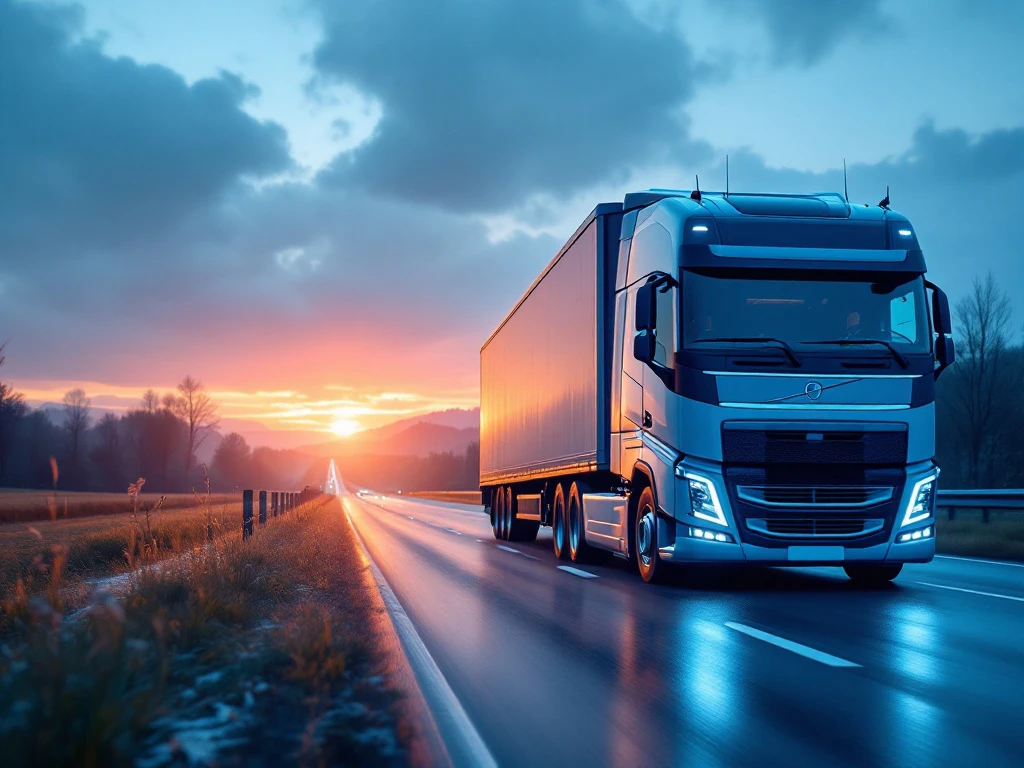 Camion modern în mișcare pe o autostradă olandeză la apus, cu mori de vânt și câmpuri de lalele în fundal. Card tahograf vizibil pe bord.