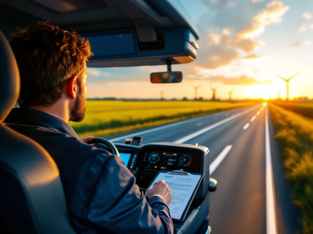Camion european modern pe autostradă olandeză la apus, cu mori de vânt în fundal, ilustrând sectorul de transport olandez.
