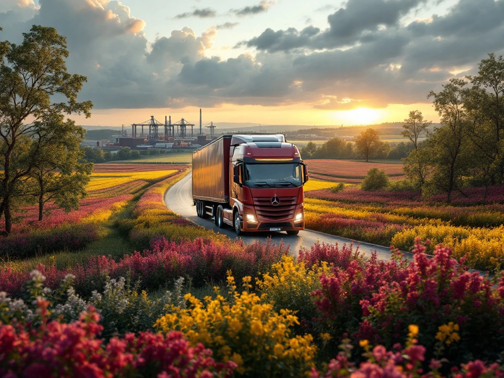 Camion modern de mare tonaj pe o șosea olandeză, înconjurat de câmpuri de lalele roșii și galbene, cu mori de vânt tradiționale în fundal, la apusul soarelui.
