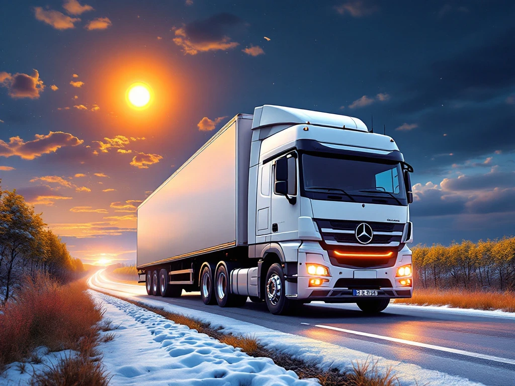 Camion albastru olandez pe drum elevat, cu portofel deschis arătând documente de pensie, mori de vânt tradiționale și câmpuri de lalele în peisajul din fundal la apus.