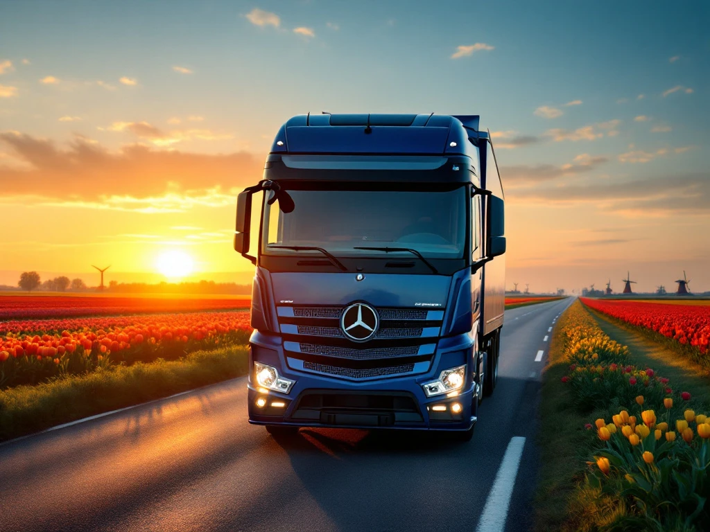 Camion modern olandez pe autostradă la apus, cu peisaj de lalele și mori de vânt în fundal, afișând beneficii: euro, locuință, sănătate și educație.